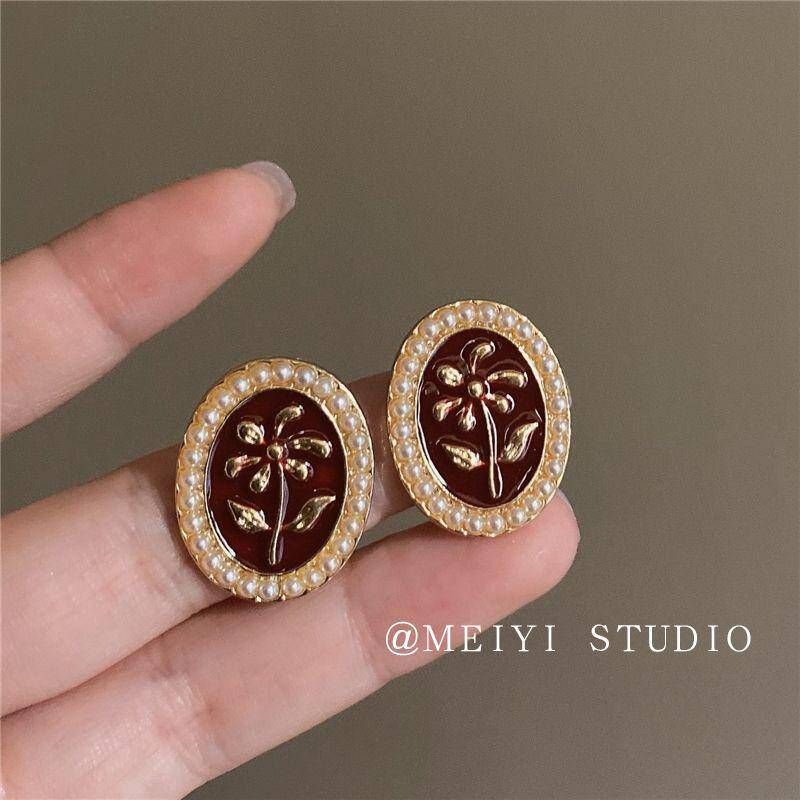 Wine Red Pearl Small Flower Stud Earrings - Romantic Blossom Accent