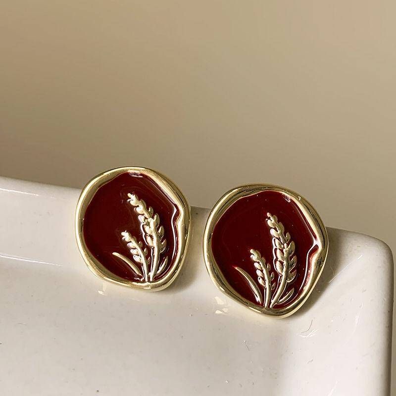 Vintage Red Wine Resin Stud Elegant C-Shape Geometric Temperament Earrings - Retro Design