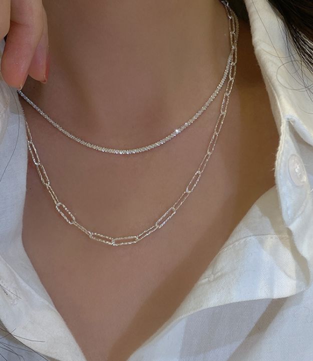 Shiny Silver Themed 2 Layer Necklace - Layered Choker