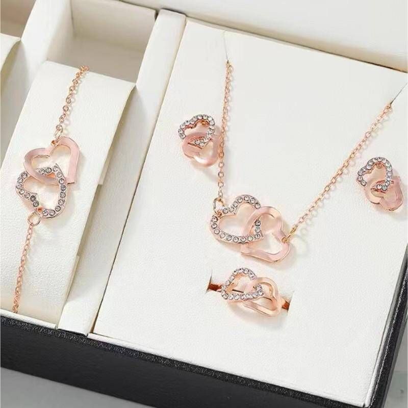 Rose Gold Heart Decor Necklace Earrings Bracelet Jewelry Set (4 Pieces) - Complete Gift Set